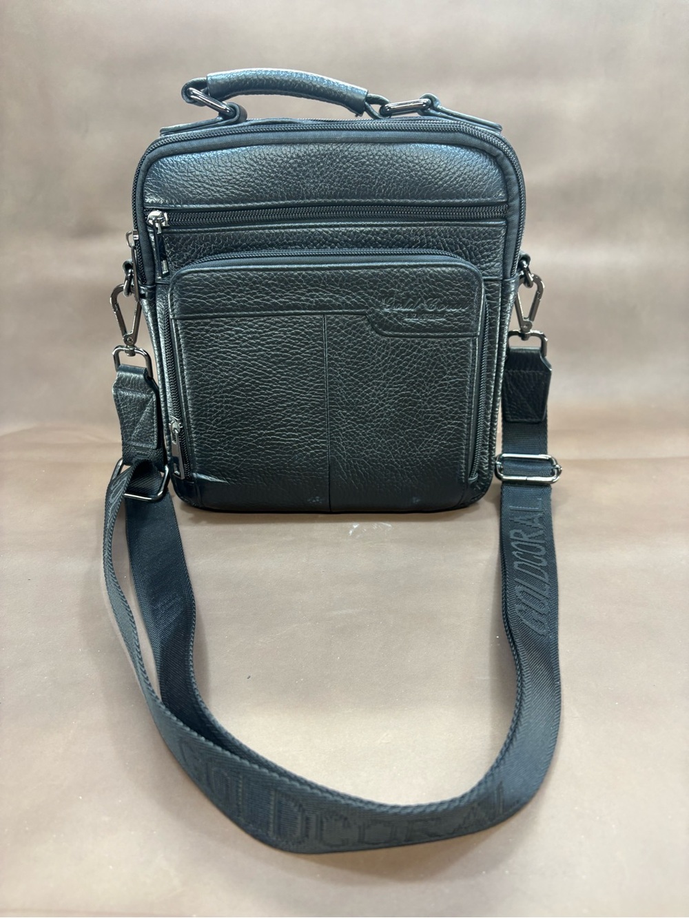 Black Leather Men's Cross Body Bag with Adjustable Strap and Carry Handle